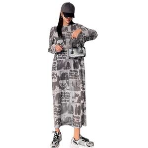 DAZY Figure & Letter Graphic Drop Shoulder Mesh Dress Black Grey White Sz M